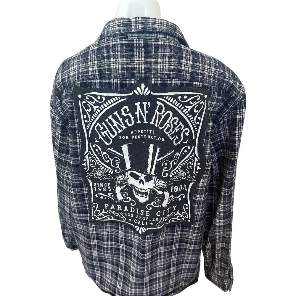 Guns N Roses Plaid Flannel Shirt LARGE Oversized Upcycle Unique Heavy Metal 90s